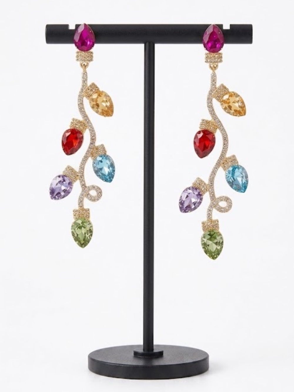 NWT Multicolor Crystal Christmas Tree Light Bulb Drop Dangle Earrings Party - Picture 4 of 5